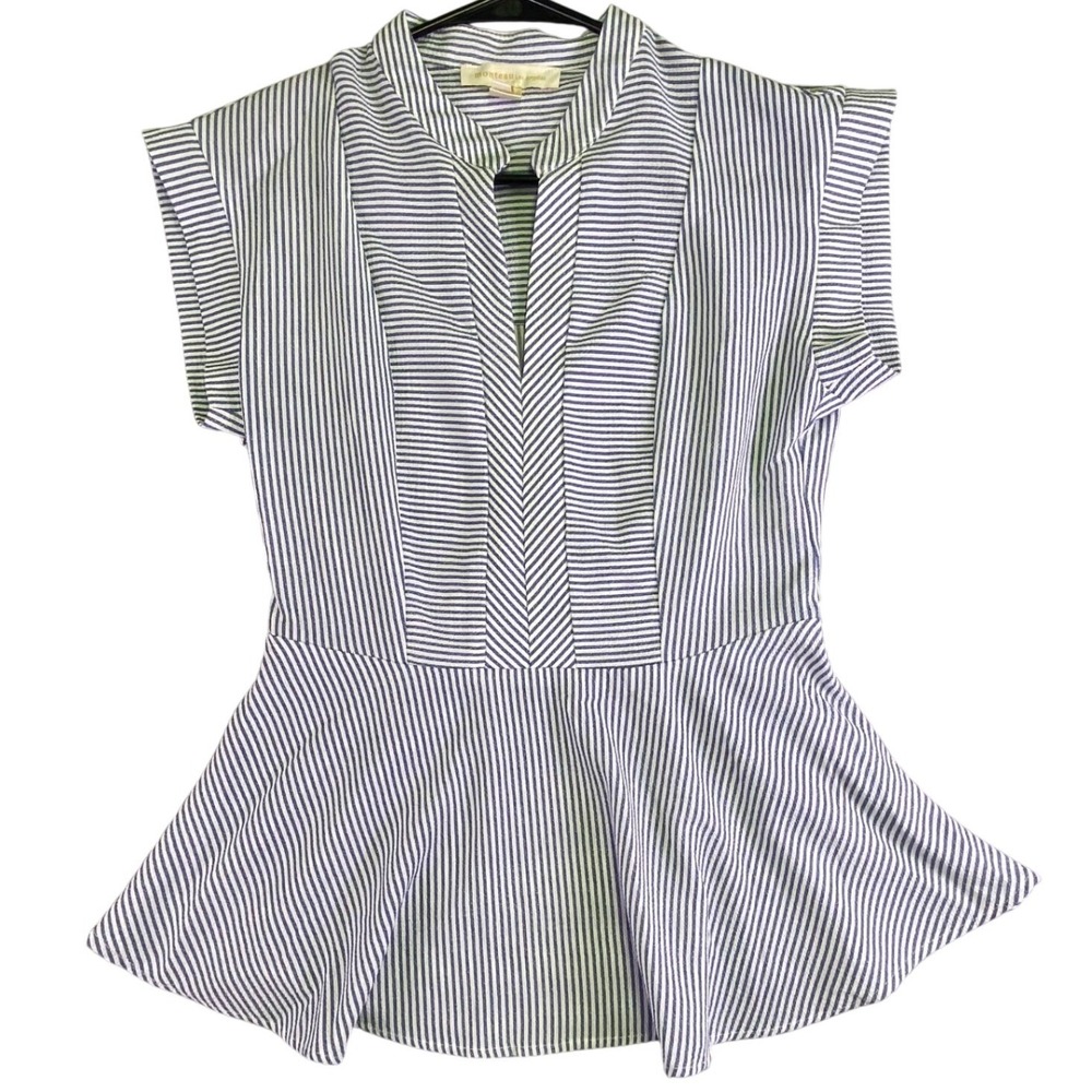 Monteau LA Blouse Women's Medium Blue White Striped Seersucker Peplum Top Preppy